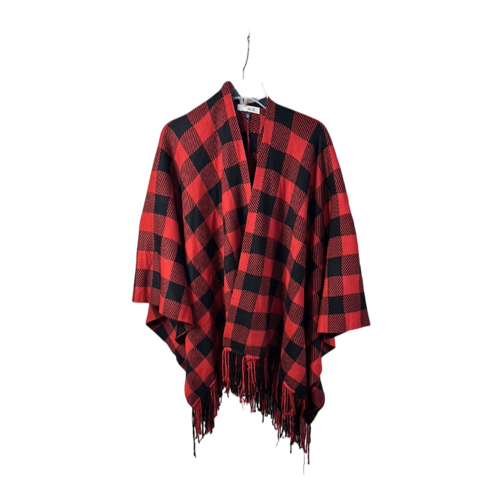 MNK Sz L/XL Buffalo‎ Red and Black Plaid Shawl Wrap Fringe